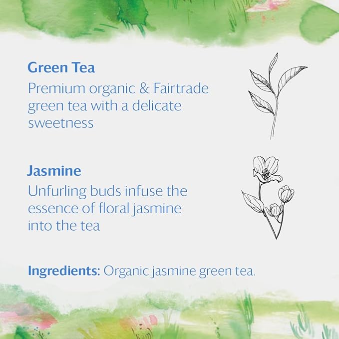 Grace Farms Organic JASMINE Green Tea (16 Pyramid Sachets) | Fragrant and Sweet | Fairtrade and Kosher Certified | Best Green Tea | Gives Back 100% of Profits - Bloomnest