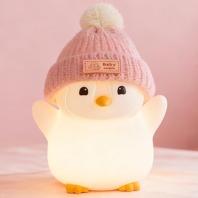 Penguin Night Light, Cute Pink Penguin Lamp with Knit Hat, Soft Silicone Nursery Nightlight for Baby, Rechargeable/Dimmable/Timer,LED Squishy Novelty Animal Bedside Lamp,Funny Gifts for Kids - Bloomnest
