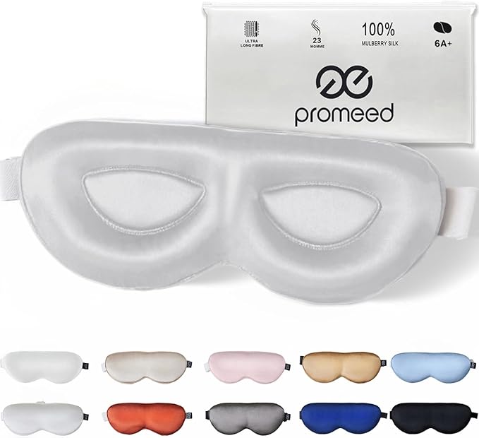 PROMEED Adjustable 23 Momme Mulberry Silk Sleep Mask, 3D Contoured No-Pressure Cup Eye Mask for Sleeping, Super Soft Breathable Blindfold, Perfect Blocks Light for Sleeping (Light Grey) - Bloomnest