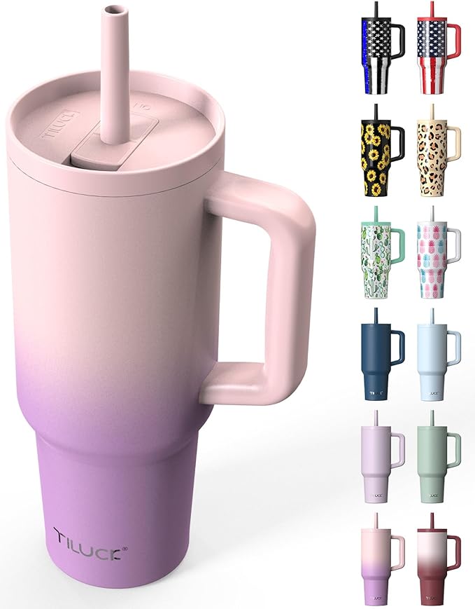 TILUCK 40 oz Tumbler with Handle, Vacuum Insulated Stainless Steel Travel Mug with 100% Leak-Proof Silicone Straw Lid, Cupholder Friendly Water Bottle(PinkPurpleGradient, 40oz)