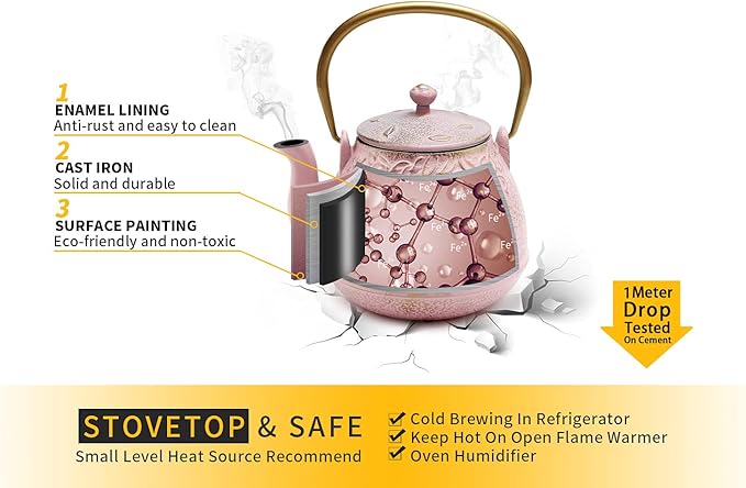 Cast Iron Teapot, TOPTIER Japanese Cast Iron Tea Pot with Infuser for Loose Leaf and Tea Bags, Stovetop Safe Cast Iron Tea Kettle Coated with Enameled Interior for 40 oz (1200 ml), Blush Pink - Bloomnest