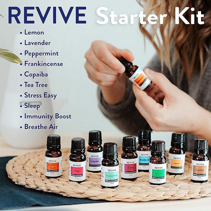Starter Kit with Halo Diffuser by Revive Essential Oils - 100% Pure Therapeutic Grade, for Diffuser, Humidifier, Massage, Aromatherapy, Skin & Hair Care - Bloomnest