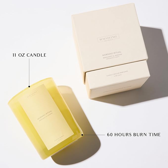 Bergamot & Jasmine Scented Candle | 11oz, 60 Hour Burn | Natural Soy Wax, Cotton Wick | Holiday Candles | Christmas Scented Candles for Home | Benevolence LA Sun-Kissed Collection - Morning Ritual - Bloomnest