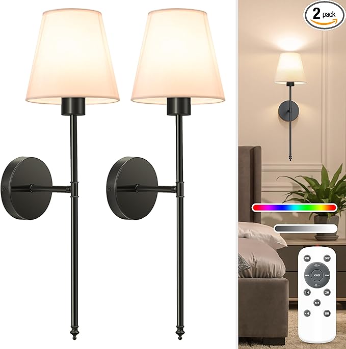 NIORSUN Battery Operated Wall Sconce Set of 2,Black Rechargeable Wall Lights with 5200mAh Dimmable Detachable Bulbs and Remote, 10 Colors Wireless Wall Lamps for Bedroom Living Room Hallway Decor - Bloomnest