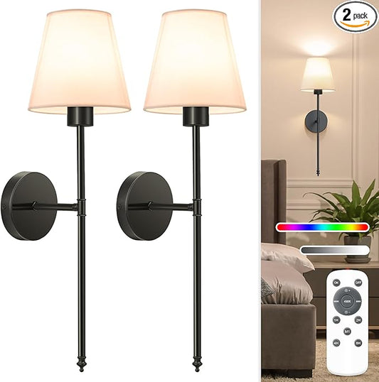 NIORSUN Battery Operated Wall Sconce Set of 2,Black Rechargeable Wall Lights with 5200mAh Dimmable Detachable Bulbs and Remote, 10 Colors Wireless Wall Lamps for Bedroom Living Room Hallway Decor - Bloomnest