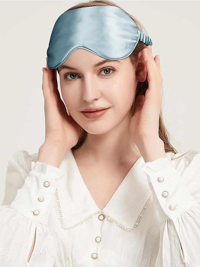 Mulberry Silk Blackout Adjustable Sleep Eye Mask for Men/Women Travel Plane,Pale Blue - Bloomnest