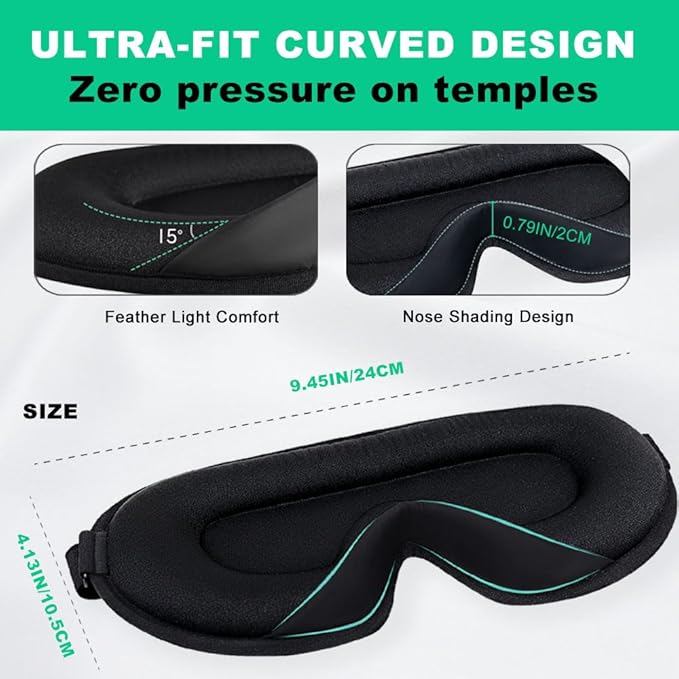 3D Sleep Mask for Side Sleepers, Blackout & Zero Pressure - Breathable Memory Foam, Adjustable Strap - for Travel, Yoga & Meditation Black - Bloomnest