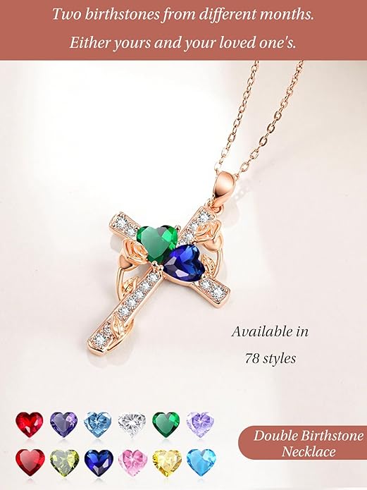 Rose Gold Dual Birthstones Cross Necklace for Women Rose Flower Jewelry Anniversary Christmas Mother's Valentine's Day Birthday Gift for Wife Girlfriend Mom - Bloomnest