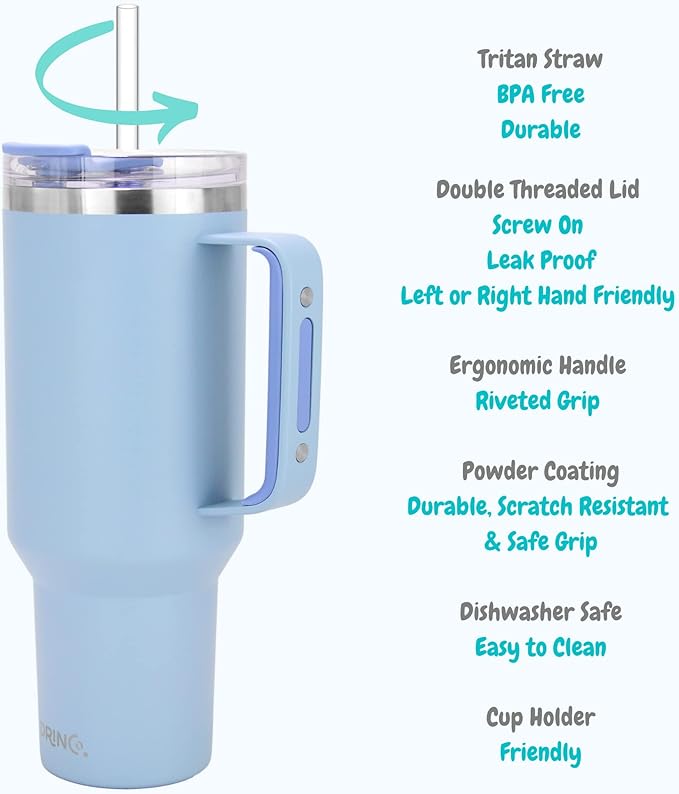 Drinco 40oz 30 oz Tumbler with Handle, Straw Lid, Insulated Stainless Steel Travel Mug Water Bottle Ice Coffee Cup For Cold and Hot, BigSur (40oz Sky Blue)
