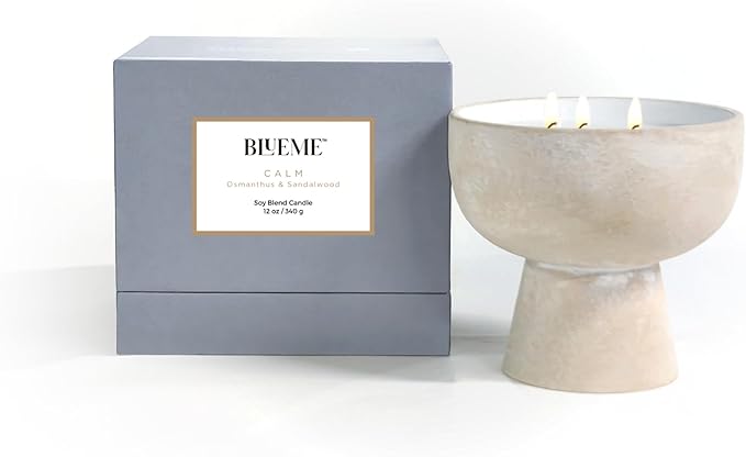 BLUEME Calm - Osmanthus & Sandalwood, Luxury Candle w/Essential Oils, 3 Wick, Hand-Poured Soy, Cotton Wick, Ceramic - Bloomnest