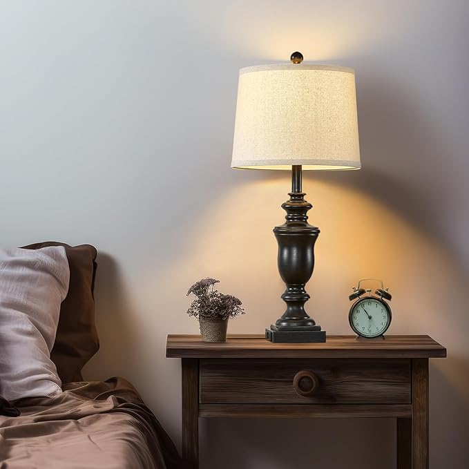 27.5" Vintage Farmhouse Table Lamps Set of 2 Bedside Lamp, 3 Way Dimmable Bedroom Lamps with 2 USB Ports +AC Outlet Touch Nightstand Lamp Rustic Lamp (Rotary-Antique Black) - Bloomnest