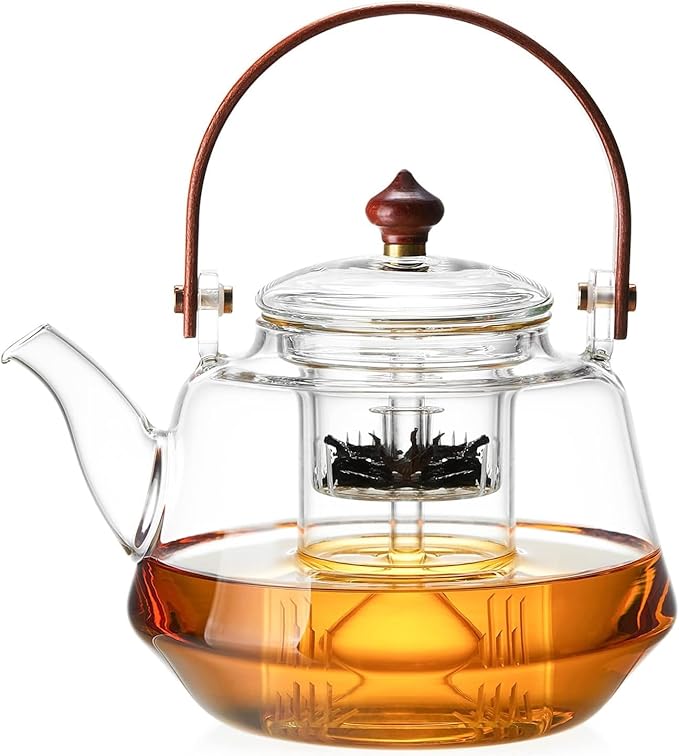 40oz Glass Teapot with Anti-Drip Spout, Peach Wood Handle and Lid, Heat-Resistant Borosilicate Glass, Dual Infusers for Steaming and Boiling - Bloomnest