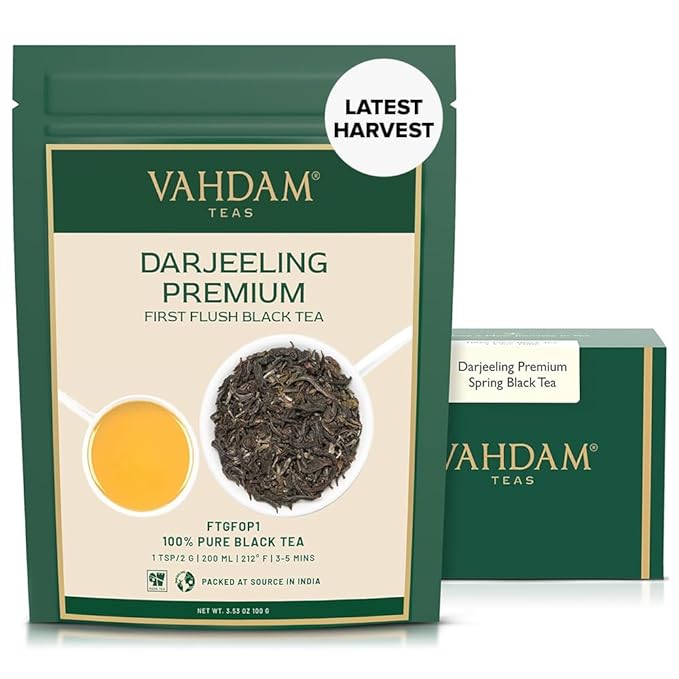 VAHDAM, First Flush Darjeeling Tea - 50 Cups (3.53oz) | Loose Leaf Black Tea - Flowery, Aromatic & Delicious | Picked, Packed & Shipped Direct From India | Champagne Of Teas | Mellow & Fragrant - Bloomnest