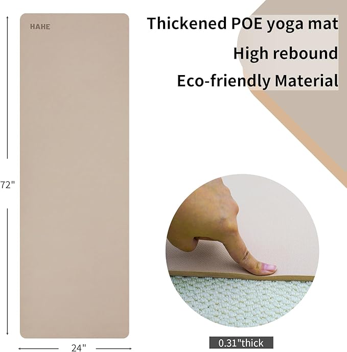 HAHE Yoga Mat Thick (8MM,1/3"), Eco-Friendly POE Non Slip Yoga Mat, High Rebound & Shock Absorption, Anti-Tear & Sweat-Resistant for Yoga, Fitness, Home, Workouts, Large Pilates Mats 72"x24" with Carrying Strap - Bloomnest