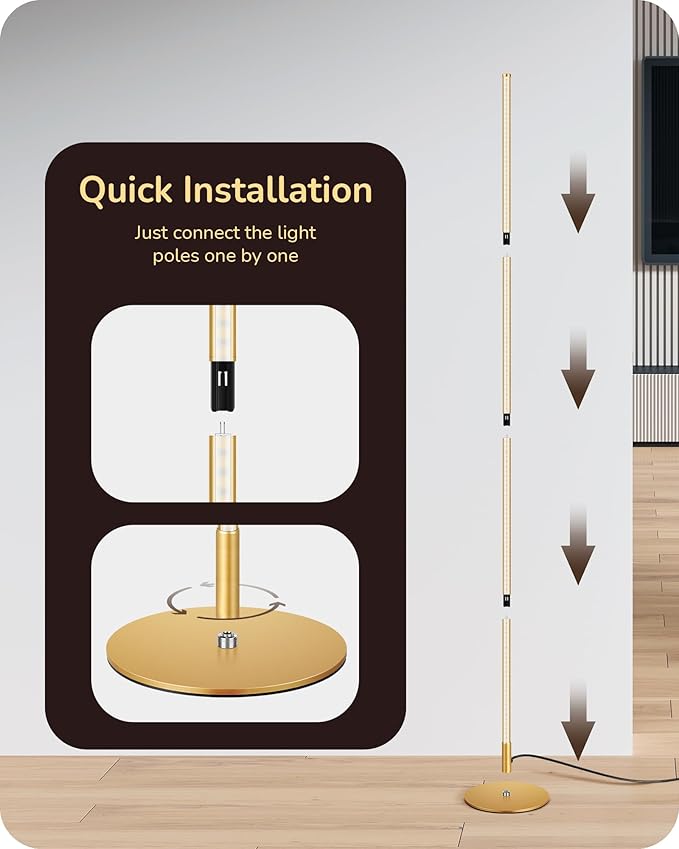 EDISHINE LED Corner Floor Lamp, Dimmable Standing Light with Remote, 7 Color Temperature 2700K-6000K, 57.5" Modern Floor Lamp for Bedroom, Living Room, Office, Gold - Bloomnest