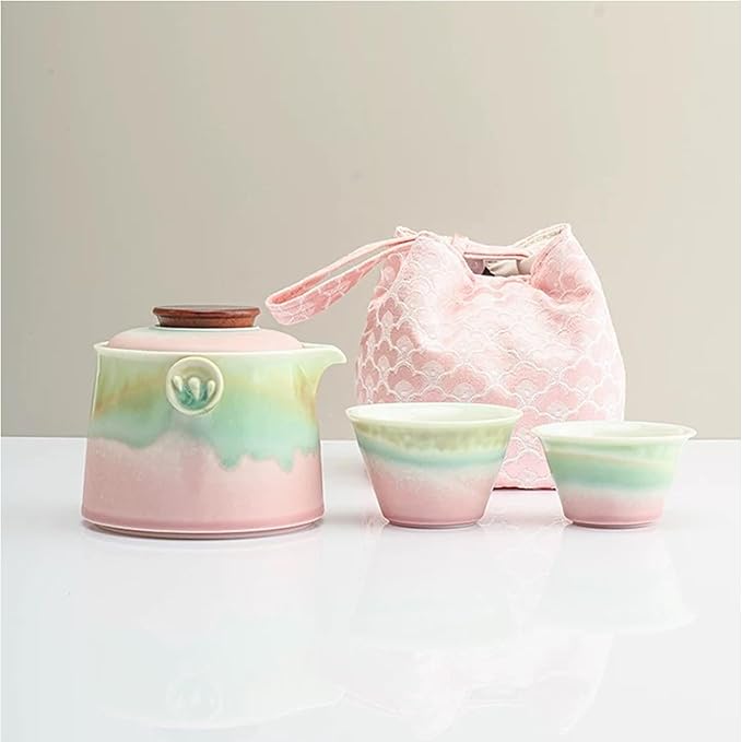 Hermit Life Chinese Travel Tea Set, Portable Ceramic Teapot for One to Two, Gongfu Tea Set with Color Gradient Design, 1 Pot 2 Cups, Gift for Tea Lovers (Pink&Pistachio Green) - Bloomnest
