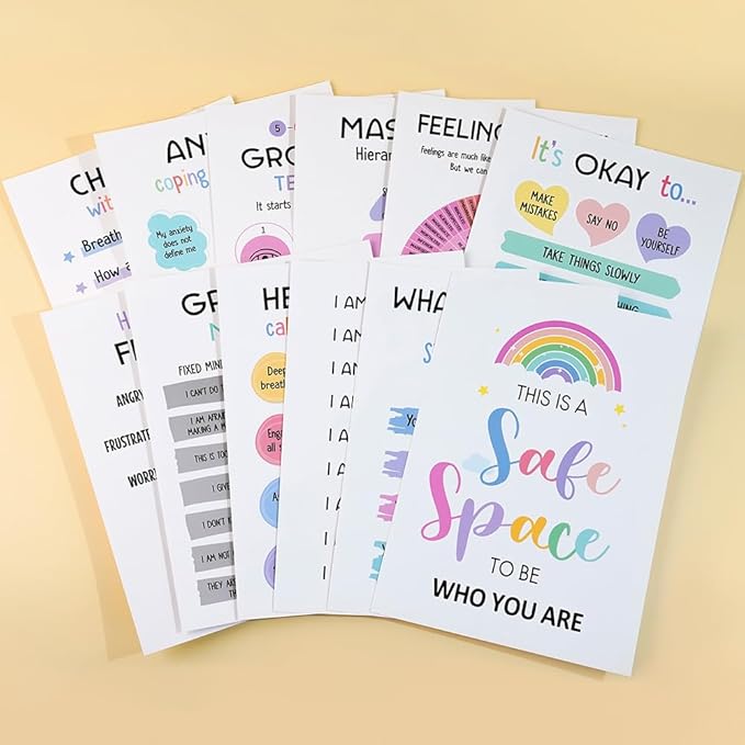 Qaxrocyn 12 Pcs Mental Health & Emotional Regulation Poster for Anxiety Relief & Self Care, 10 * 14″ Colorful Psychological Wellness Wall Art Decor for Office Classroom Home Counseling (Style B) - Bloomnest