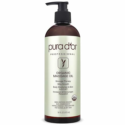 PURA D'OR 16 Oz ORGANIC Massage Therapy Oil USDA Certified Almond, Apricot, Argan, Ginger, Jojoba, Lavender Oils For Silky & Softer Skin - Body Moisturizer & Skin Lubricant - Aromatherapy & Relaxation