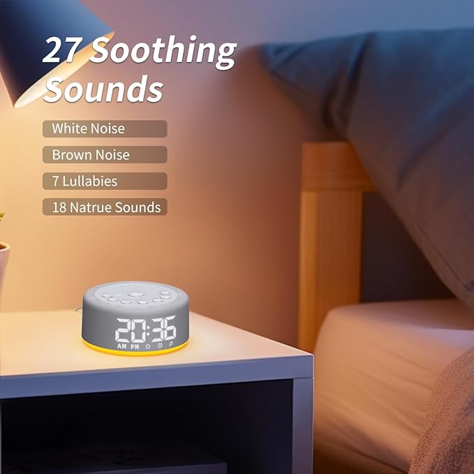 【3 in 1】 Sound Machine Alarm Clock Night Light White Noise Machine with 27 Sleeping Sounds for Baby Kids Adults 32 Level Volume Auto Off Timer Memory Function Digital Clock with 30 Wake Up Sounds - Bloomnest