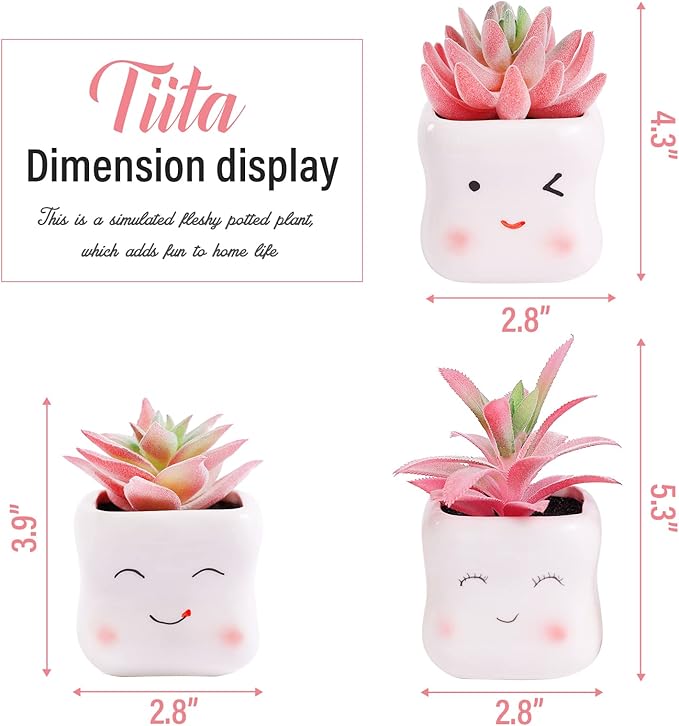 Tiita Cute Artificial Faux Succulents in Pots, Pink Fake Plants Ceramic Arrangement Planter Small Mini Tiny Decoration for Home Office Accessories Women Desk Window Sill Bathroom Bedroom - Bloomnest