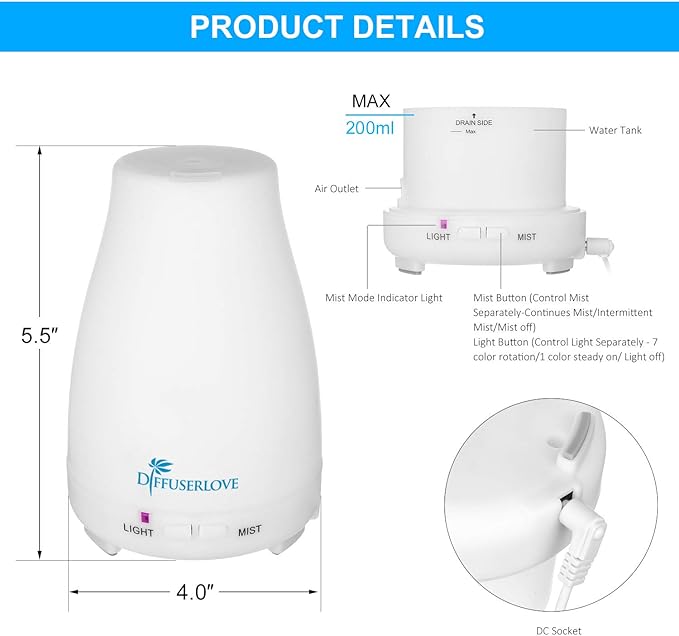 Diffuserlove Diffuser 2 Pack Essential Oil Diffuser 200ML Remote Control Ultrasonic Aromatherapy Diffuser Mist Humidifiers for Bedroom Office Yoga Diffuserlove