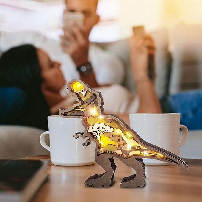 3D Wood Carving Animals Lamp Home Decorative, Cute Bear Family Elephant Presents Ideas Christmas Living Room Office Decor Warm LED Night Lights Gift for Friend Daughter Son Mom Dad (Tyrannosaurus) - Bloomnest