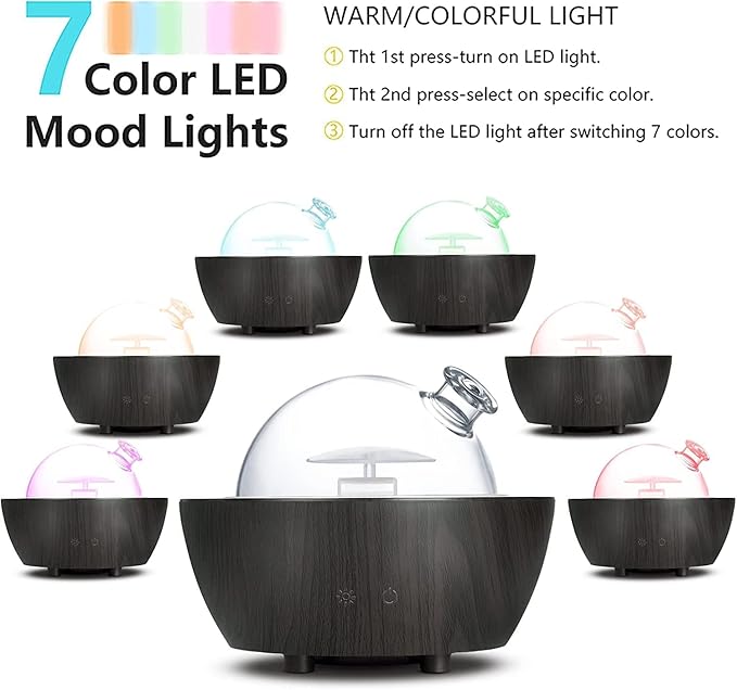280ml Glass Essential Oil Diffuser Aromatherapy Diffusers Ultrasonic Cool Mist Humidifier with 2 Mist Modes & 7 Color LED Lights and Waterless Auto Shut-Off for Home Office Spa Bedroom,Dark Wood Grain - Bloomnest