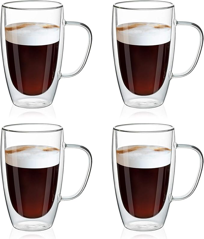 MEWAY 16oz/4 pack Coffee Mugs,Thickened Clear Glass Double Wall Cup with handle for Coffee, Tea, Latte, Cappuccino (16 oz，4) - Bloomnest