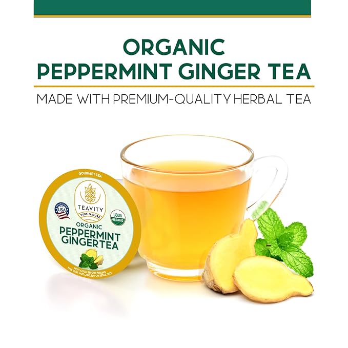 Organic Ginger Tea Pods for Keurig with Organic Peppermint Tea - Decaf Tea for K Cup Brewing Peppermint Ginger by Teavity (12 Tea Pods) - Bloomnest
