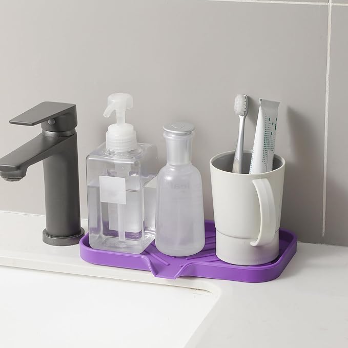 Silicone Bathroom Soap Dishes with Drain Spout-Bathroom and Kitchen Sink Organizer,Sponge Holder,Dish Soap Tray,Perfect for Dispenser,Scrubber,Bottle,Cup on Sink or Counter-Purple 9.6"×5.3" - Bloomnest