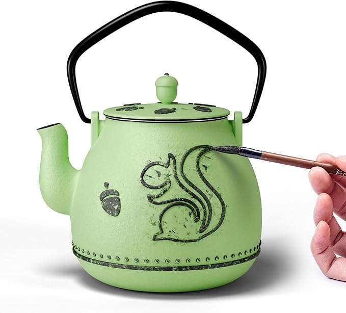 Toptier Teapot with Removable Infuser, Cast Iron Tea Kettle Stovetop Safe, Squirrel Design Tea Pot Coated with Enameled Interior for 32 Ounce (950 ml), Bright Green - Bloomnest