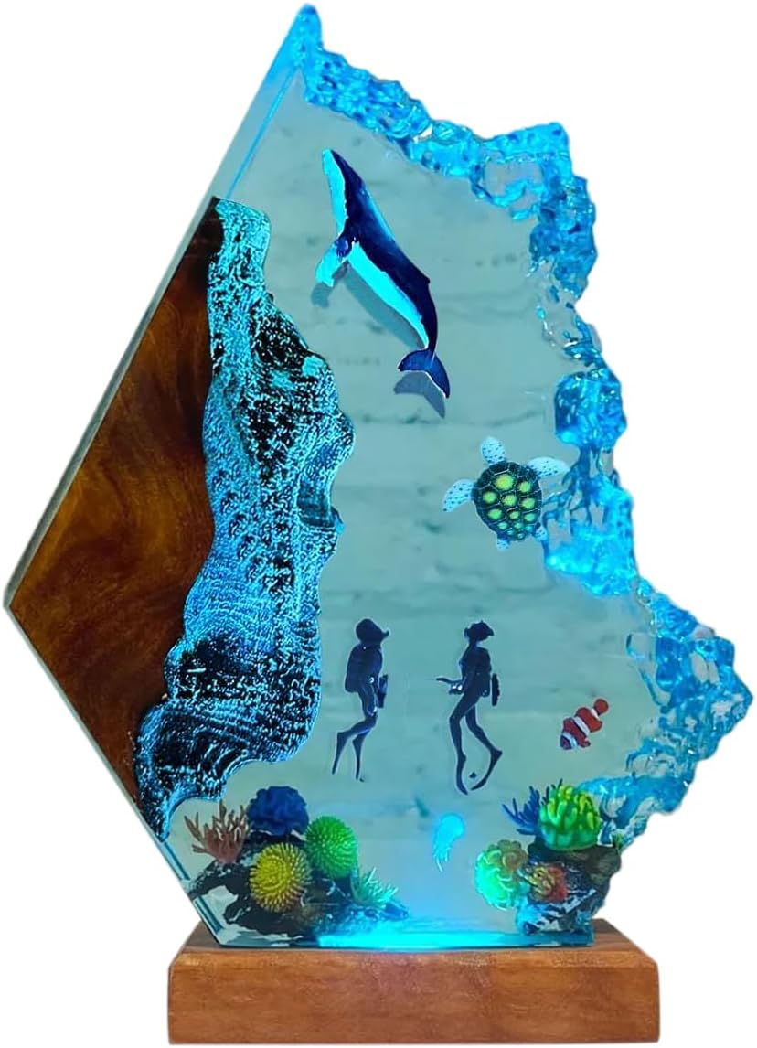 Humpback Whale Ocean Resin Lamp, Handmade Table Relaxing Mood Lamp with USB Port, Art Ornaments for Home Office Decor, Scuba Diver Gift for Birthday Holiday, Valentine's Day Gifts for Husband