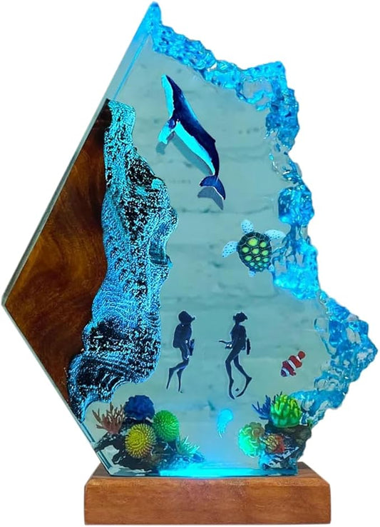 Humpback Whale Ocean Resin Lamp, Handmade Table Relaxing Mood Lamp with USB Port, Art Ornaments for Home Office Decor, Scuba Diver Gift for Birthday Holiday, Valentine's Day Gifts for Husband - Bloomnest