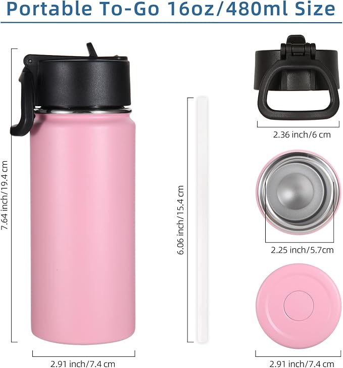 Volhoply 16 OZ Kids Water Bottle Bulk 4 Pack,Insulated Sports Bottles with Straw Lid,Stainless Steel Bottle with Handle Keep Cold & Hot,Double Wall Vacuum Tumbler Cups for School,Girls(Pink, 4) - Bloomnest