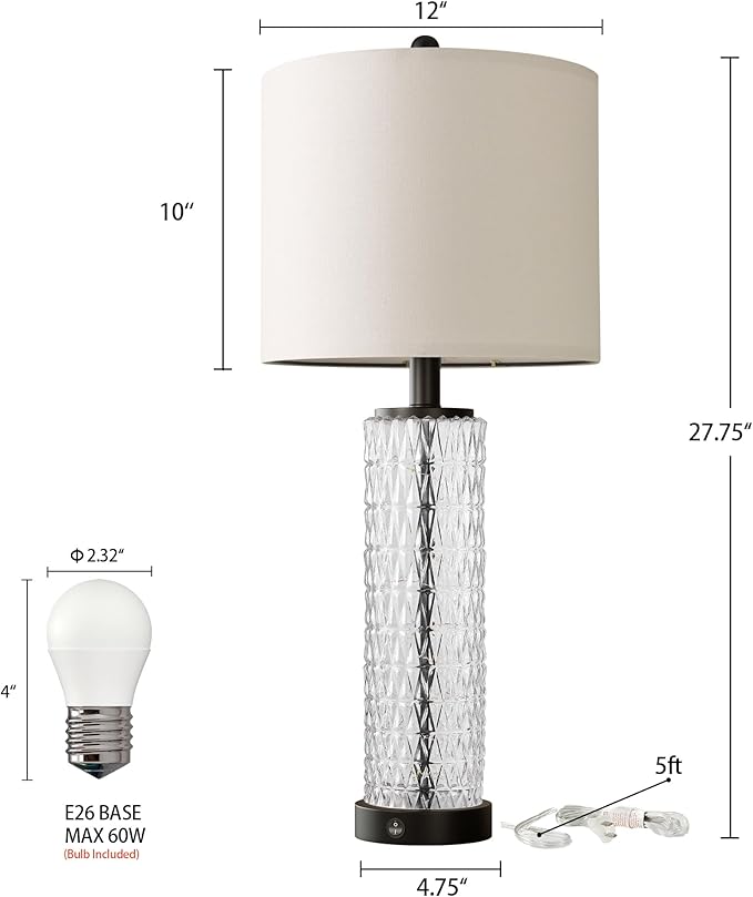 Oneach 27.75” Table Lamps Set of 2, Black Modern Bedside Lamp with LED Night Light, USB A+C, Glass Lamps for Living Room, Bedroom, Nightstand, Office, End Table (2 Bulbs Included) - Bloomnest