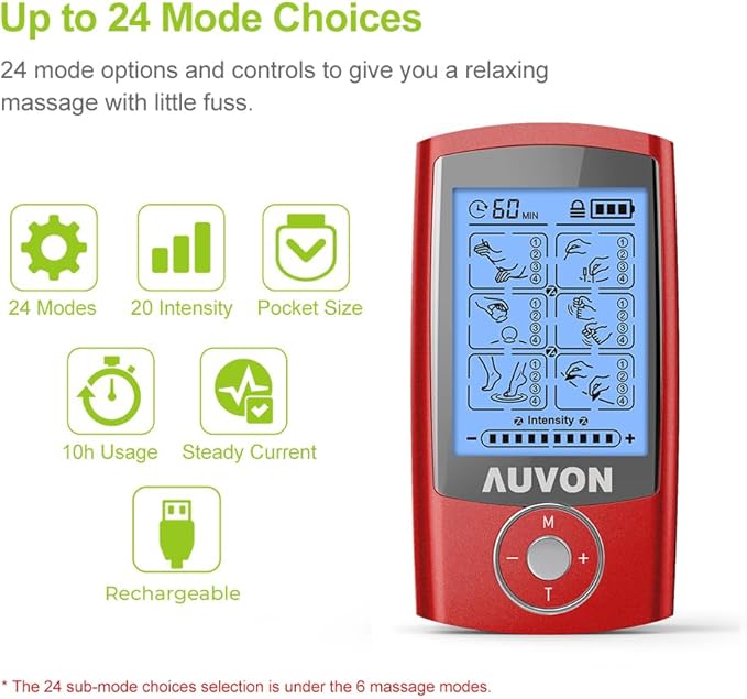 AUVON Rechargeable TENS Unit Muscle Stimulator, 24 Modes 4th Gen TENS Machine with 8pcs 2"x2" Premium Electrode Pads for Pain Relief AUVON