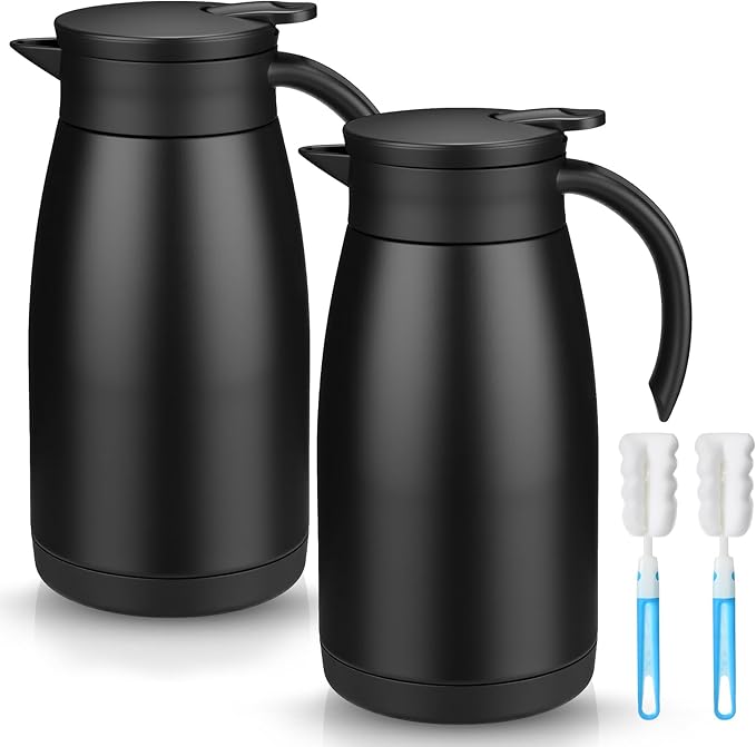 Norme 2 Pcs Thermal Coffee Carafe Insulated Stainless Steel Coffee Carafe for Hot Liquid Vacuum Thermal Pot Creamer Pitcher Dispenser with Brushes Keeping Hot Water Milk(Black,34 oz) - Bloomnest