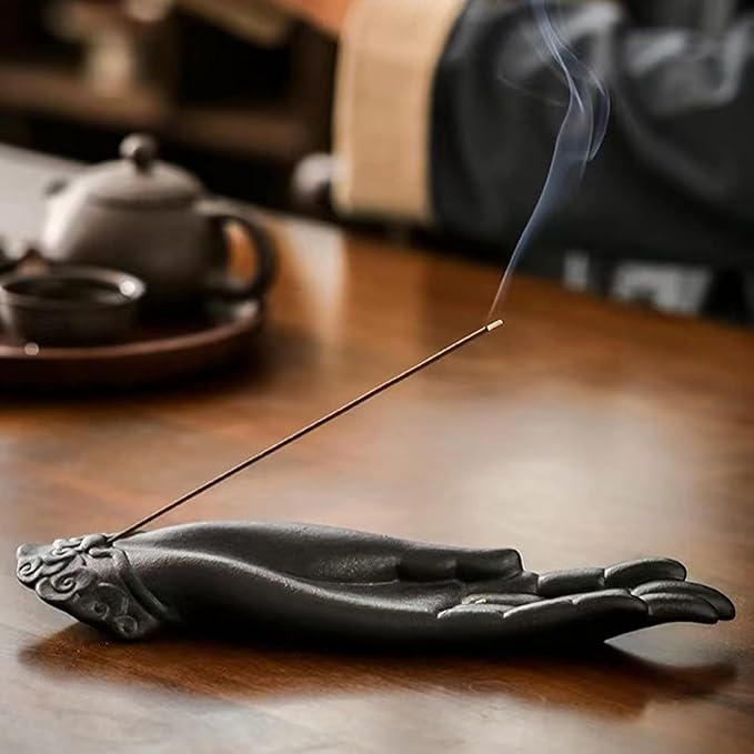 Ceramic Incense Holder for Sticks - Incense Burner Holder Zen Decor with Buddha Hand Design Protection from Evil - 10.2" L X 2.5" W X 1.2" H - Bloomnest