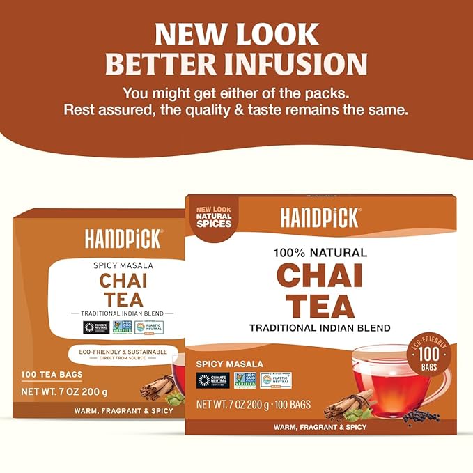 HANDPICK Masala Chai Tea Bags (100 Count) Strong Robust & Aromatic, Blended with Exotic Spices, Cinnamon, Black Pepper, Cloves & Cardamom - Premium Quality Eco-conscious Round Bags - Bloomnest