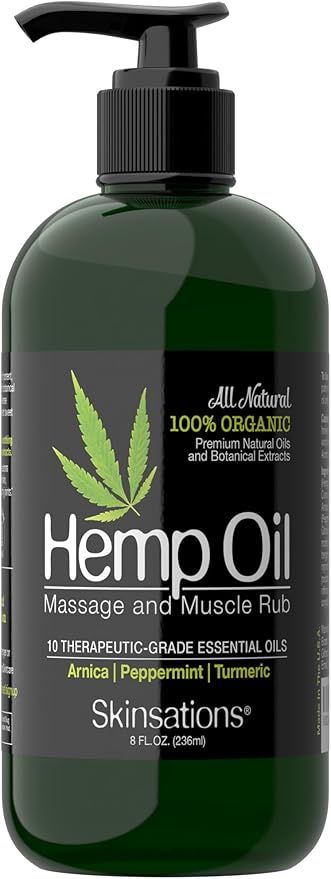 Skinsations – Hemp Massage Oil & Sore Muscle Rub | 100% Organic, 10 Essential Oils for Natural Relief, Arnica, Turmeric, Peppermint, Lavender in a Sweet Almond Oil and Hemp Seed Oil Base - Bloomnest
