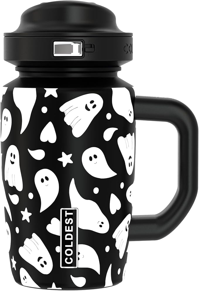 Coldest Tumbler with Handle & Coffee Lid - 100% Spill Proof Tumbler (3 Lids) - Stainless Steel Insulated Leakproof Tumblers for Women & Men - Cup Holder Friendly - 15 oz (Ghosts) - Bloomnest