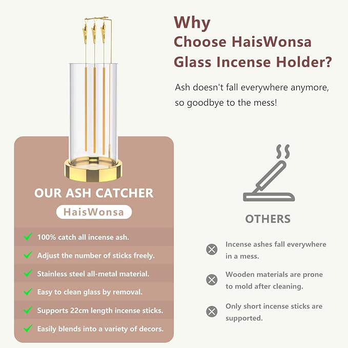 Incense Holder Ash Catcher - Upside Down Glass Incense Holder for Sticks, Reverse Inverted Anti Ash No Mess Insence-Stick Holder, Modern Metal Vertical Incense Burner for House Decor, Gold - Bloomnest