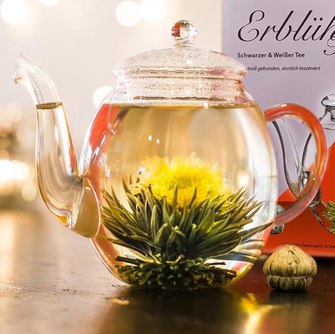 Creano Flowering Tea Abloom Tea - Blooming Tea Gift Set in Stylish Wooden Tea Box - 12 Pieces, Mix of White & Black Tea a gift for christmas - Bloomnest