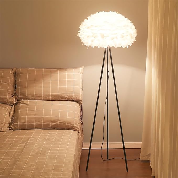 Nordic Feather Floor Lamp Romantic Art Family a Living Girls' Room Bedroom Creativity LED Decorative Standing Light (H) - Bloomnest