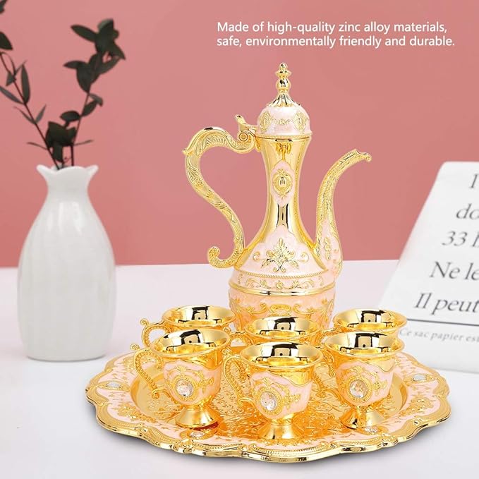 Vintage Turkish Coffee Pot Set, Turkish Tea Set with 6 Coffee Cups, Golden Wine Decanter and Glasses Set, Turkish Copper Coffee Cup Set for Home Tea Party(Pink) Tea - Bloomnest