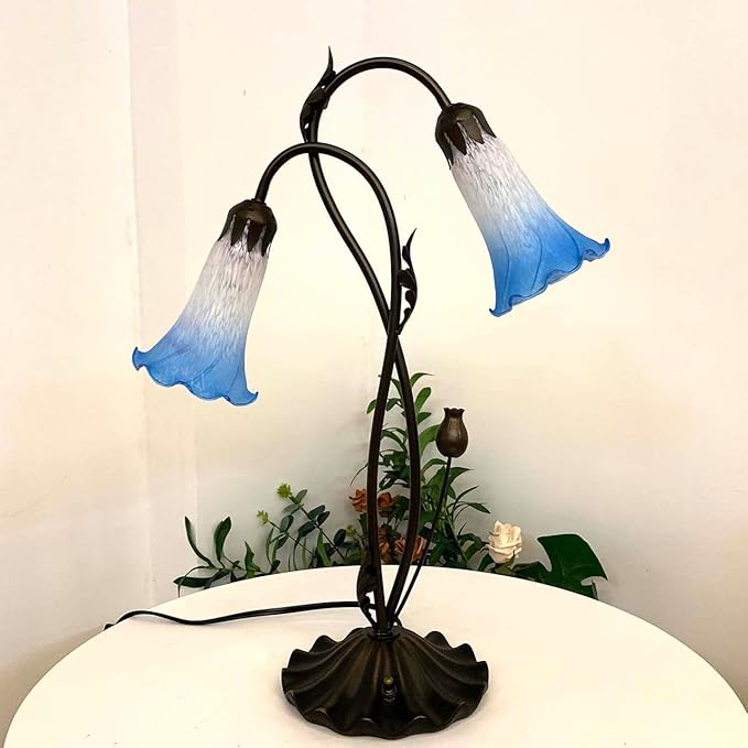 Bieye L10853 Lily Flower Blown Glass Accent Table Lamp for Living Room Bedroom Decoration (2-Light, Blue) - Bloomnest