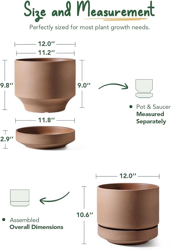 LE TAUCI 12 Inch Pots for Plants with Saucer | Ceramic Outdoor & Indoor Planter Pot for Plants | Drainage Hole, Mesh Pad & Plug | Unglazed Porous | Modern for Home, Office and Patio – Terracotta Color - Bloomnest