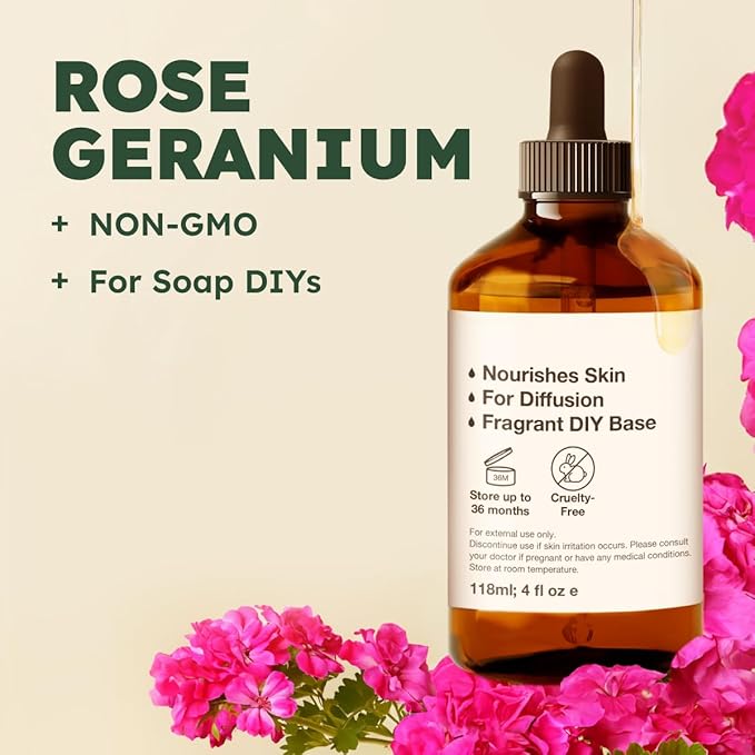 KUKKA Rose Geranium Essential Oils - 4 Fl Oz - for Hair, Skin, Diffuser, Aromatherapy & DIY Soap Making Scent - Bloomnest