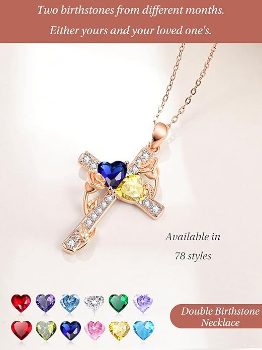 Rose Gold Dual Birthstones Cross Necklace for Women Rose Flower Jewelry Anniversary Christmas Mother's Valentine's Day Birthday Gift for Wife Girlfriend Mom - Bloomnest