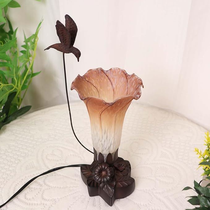 Bieye LL09 Hummingbird Flying Over Lily Flower Blown Glass Table Lamp for Home Decor (White Brown, 4.25Wx12H)